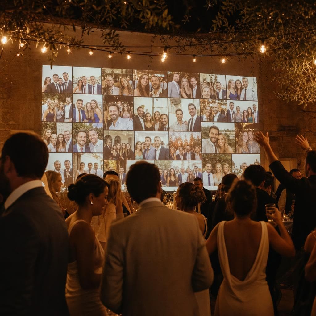 Des invités devant un mur de photos projetées pendant une soirée de mariage